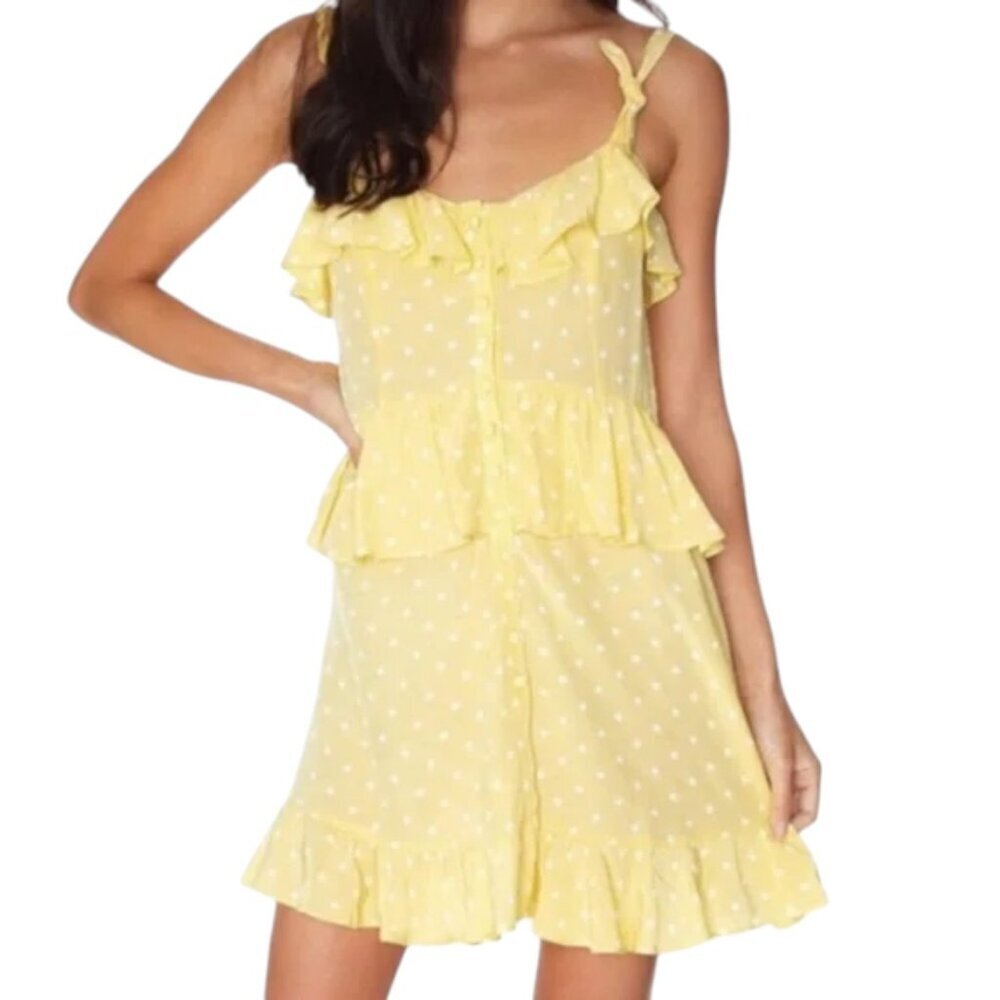 For Love and Lemons Limoncello Yellow White Polka Dot Ruffle Dress